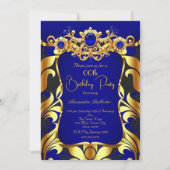 Elegant Birthday Party Blue Gold Black Damask Gems Einladung (Vorderseite)