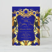 Elegant Birthday Party Blue Gold Black Damask Gems Einladung (Stehend Vorderseite)
