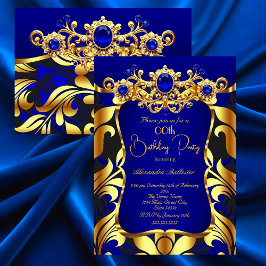 Elegant Birthday Party Blue Gold Black Damask Gems Einladung