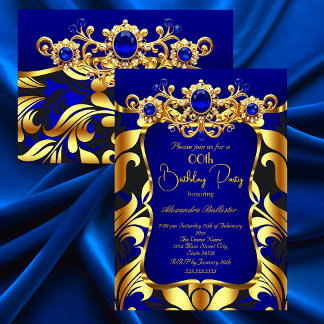 Elegant Birthday Party Blue Gold Black Damask Gems Einladung