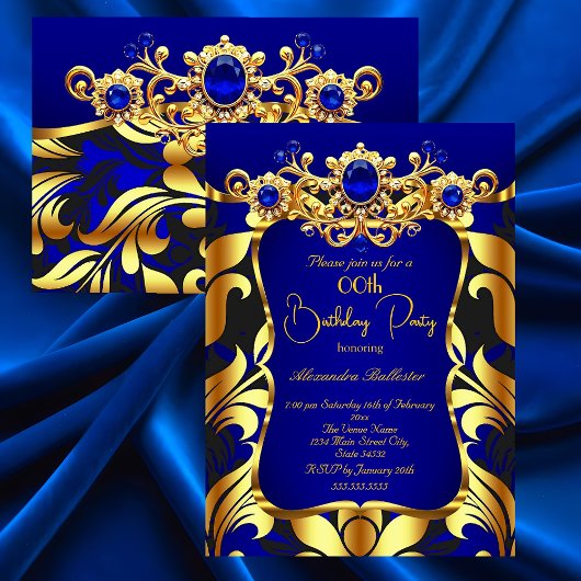 Elegant Birthday Party Blue Gold Black Damask Gems Einladung