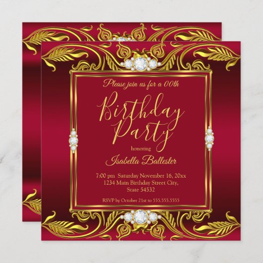 Elegant Birthday Party Burgundy Red Gold Jewels sq Einladung (Vorne/Hinten)