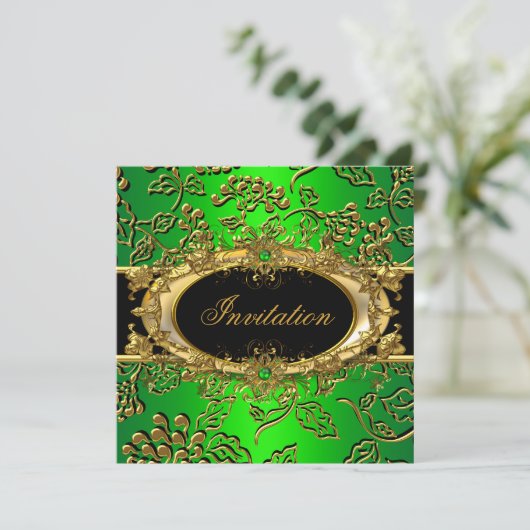 Elegant Birthday Party Damask Lime Green Gold Einladung (Stehend Vorderseite)