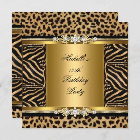 Elegant Birthday Party Gold Black Zebra Leopard Einladung (Vorne/Hinten)
