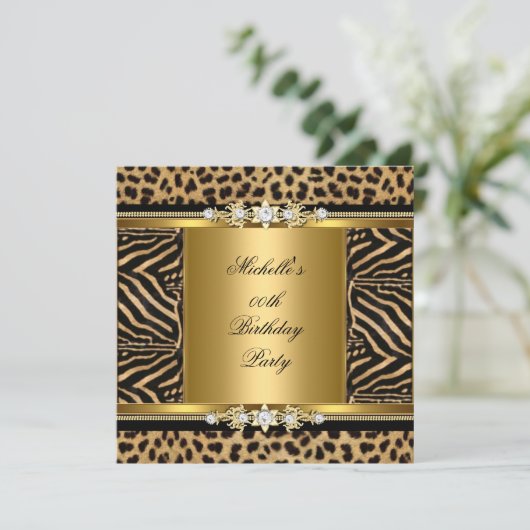 Elegant Birthday Party Gold Black Zebra Leopard Einladung (Stehend Vorderseite)