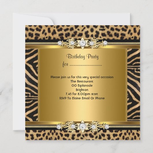 Elegant Birthday Party Gold Black Zebra Leopard Einladung (Rückseite)