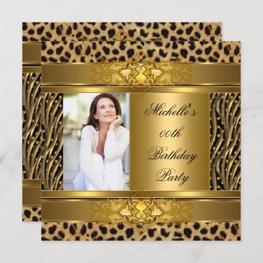 Elegant Birthday Party Gold Black Zebra Leopard Einladung (Vorne/Hinten)