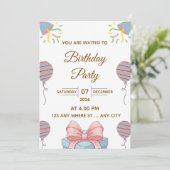 Elegant Birthday Party Invitation with Balloons Einladung (Stehend Vorderseite)