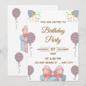 Elegant Birthday Party Invitation with Balloons Einladung (Vorne/Hinten)