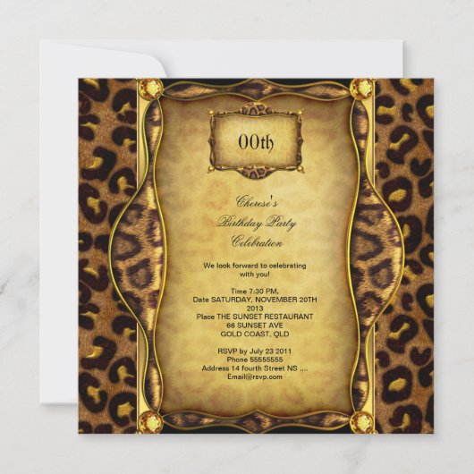 Elegant Birthday Party Leopard Gold Black Einladung (Vorderseite)