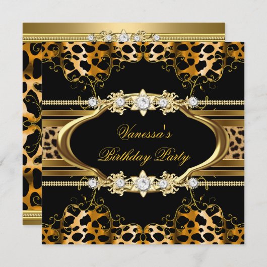 Elegant Birthday Party Leopard Gold Einladung (Vorne/Hinten)