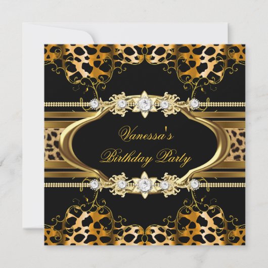 Elegant Birthday Party Leopard Gold Einladung (Vorderseite)