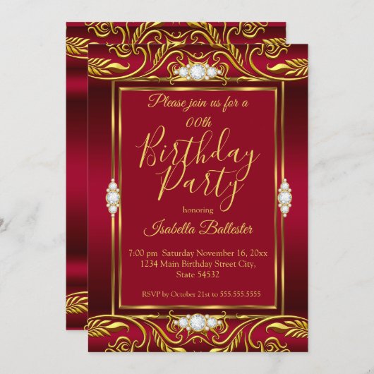 Elegant Birthday Party Red Burgundy Gold Jewels Einladung (Vorne/Hinten)