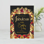 Elegant Birthday Party Red Gold Black Damask Gems Einladung (Stehend Vorderseite)