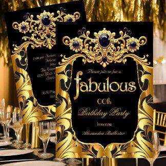 Elegant Birthday Party Silk Gold Black Damask Gems Einladung