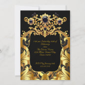 Elegant Birthday Party Silk Gold Black Damask Gems Einladung (Rückseite)