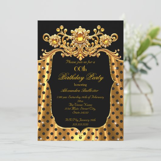 Elegant Birthday Party Silk Gold Black Polka Dots Einladung (Stehend Vorderseite)