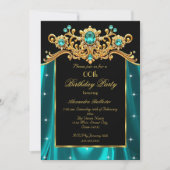 Elegant Birthday Party Teal Blue Silk Gold Gems Einladung (Vorderseite)