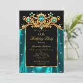 Elegant Birthday Party Teal Blue Silk Gold Gems Einladung (Stehend Vorderseite)