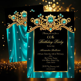 Elegant Birthday Party Teal Blue Silk Gold Gems Einladung