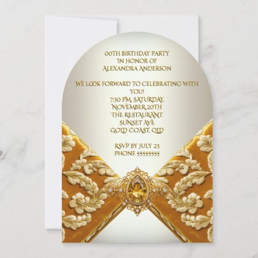 Elegant Birthday Senf Gold Jewel Fabric Einladung (Rückseite)