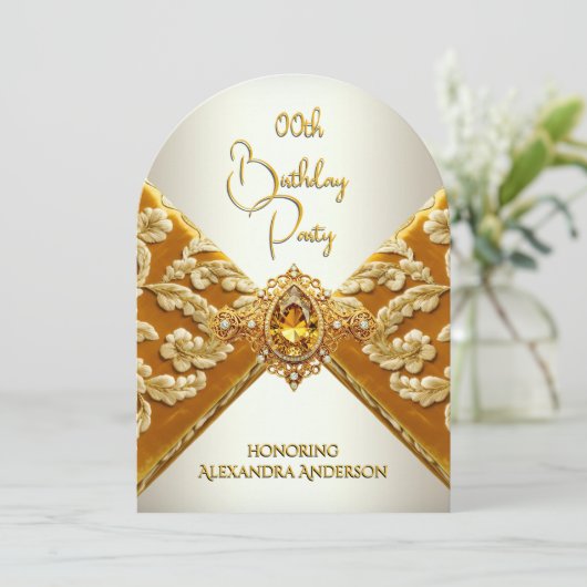 Elegant Birthday Senf Gold Jewel Fabric Einladung (Stehend Vorderseite)