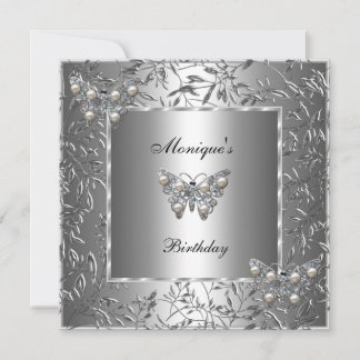 Elegant Birthday Silver Floral Butterfly Jewel 2a Einladung