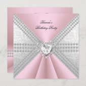 Elegant Birthday Silver Pink Diamond Herz Einladung (Vorne/Hinten)