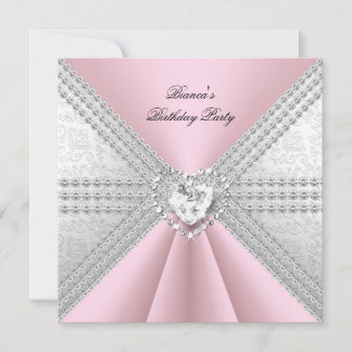 Elegant Birthday Silver Pink Diamond Herz Einladung