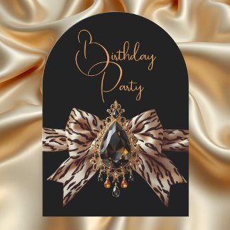 Elegant Birthday Tiger Bow Caramel Gold Jewel Einladung