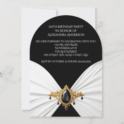 Elegant Birthday White Black Gold Jewel Silk Einladung (Rückseite)