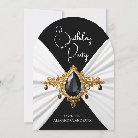 Elegant Birthday White Black Gold Jewel Silk Einladung (Vorderseite)