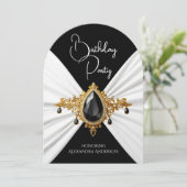 Elegant Birthday White Black Gold Jewel Silk Einladung (Stehend Vorderseite)