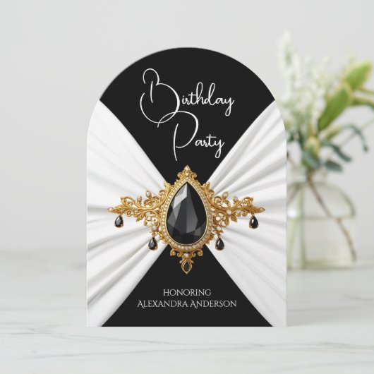 Elegant Birthday White Black Gold Jewel Silk Einladung (Stehend Vorderseite)