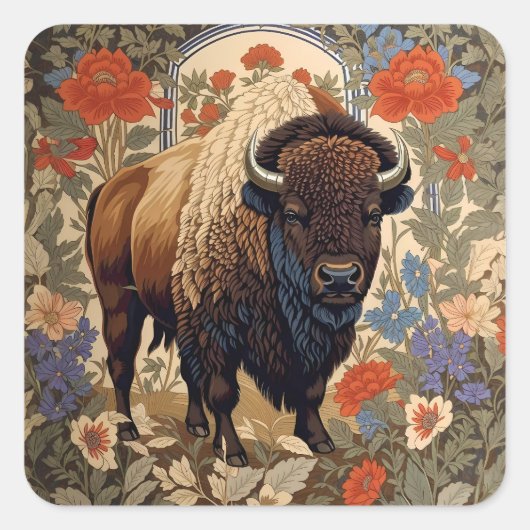 Elegant Bison William Morris Inspiriert Quadratischer Aufkleber (Vorderseite)
