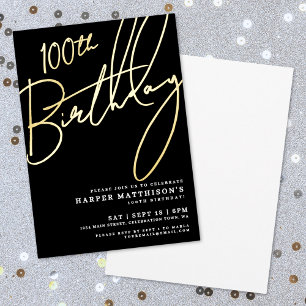 Elegant Black 100. Geburtstag Gold Folieneinladung