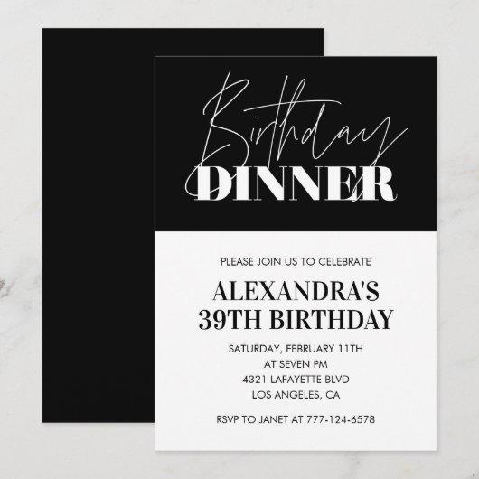 Elegant Black 39. Geburtstag Einladungen Abendesse (Vorne/Hinten)