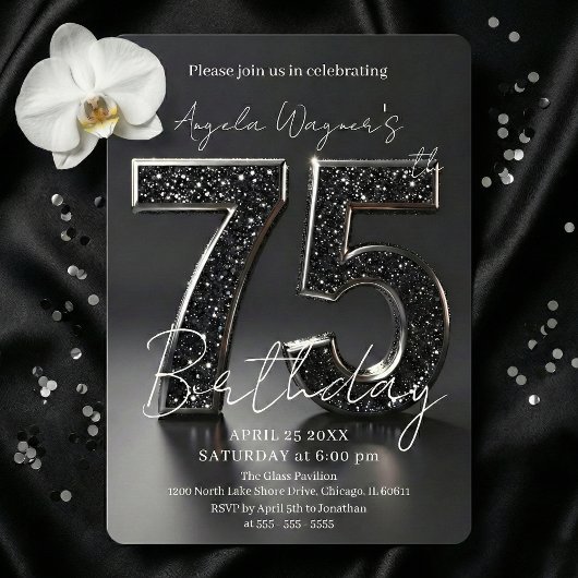 Elegant Black 3D Glitter Sparkle 75th Birthday Einladung
