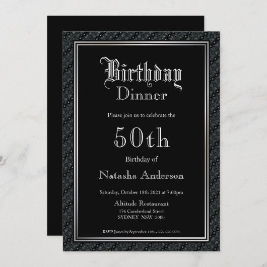 Elegant Black 50. Geburtstag Abendessen Einladung (Vorne/Hinten)