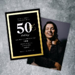 Elegant Black 50. Geburtstagsparty Gold Folieneinladung<br><div class="desc">Eine elegante Folie drückte die 50. Geburtstagsfeier-Einladung mit goldenem Rahmen und bearbeitbarem Text auf der Vorderseite und einem großen Foto auf der Rückseite (abnehmbar). Klicken Sie auf die Schaltfläche Bearbeiten,  um dieses Design anzupassen.</div>