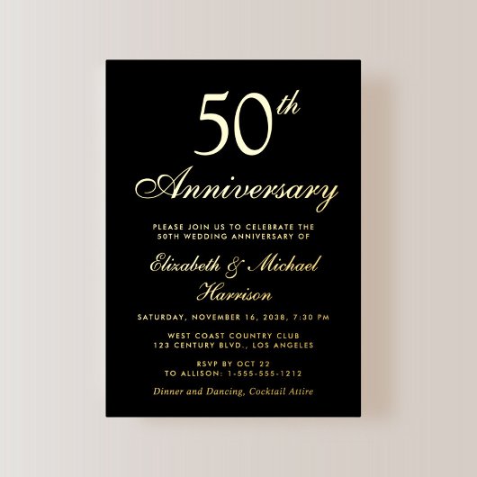 Elegant Black 50 th Wedding Anniversary Gold Folieneinladung