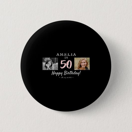 Elegant Black 50th Birthday Old New 2 Photos Button (Vorderseite)