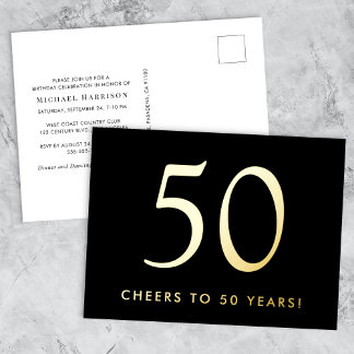 Elegant Black 50th Birthday Party Gold Folie Einladungspostkarte