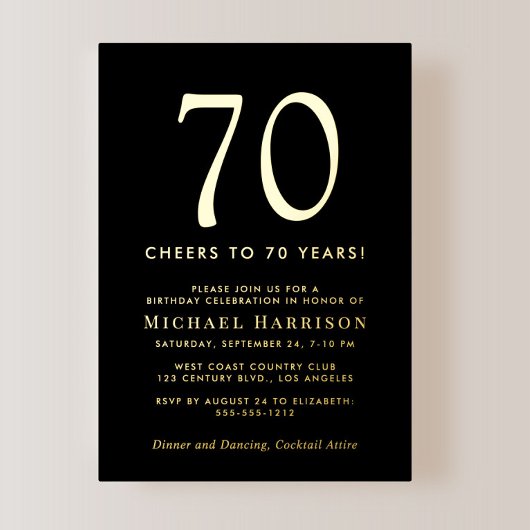 Elegant Black 70th Birthday Party Gold Folieneinladung