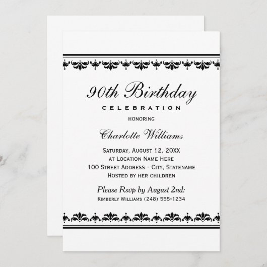 Elegant Black 90 th Birthday Party Feier Einladung (Vorne/Hinten)