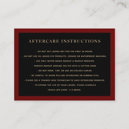 Elegant Black AfterCare für Lash Extensions Salon Visitenkarte (Vorderseite)