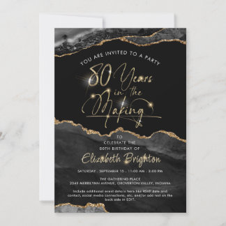 Elegant Black Agate Gold Script 80. Geburtstag Einladung