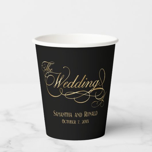 Elegant Black and Faux Gold Calligraphy Wedding Pappbecher (Vorderseite)