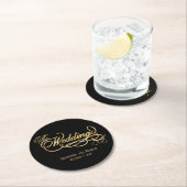 Elegant Black and Faux Gold Calligraphy Wedding Runder Pappuntersetzer (Vor Ort)