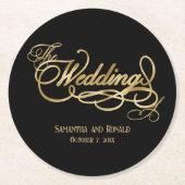 Elegant Black and Faux Gold Calligraphy Wedding Runder Pappuntersetzer (Vorderseite)